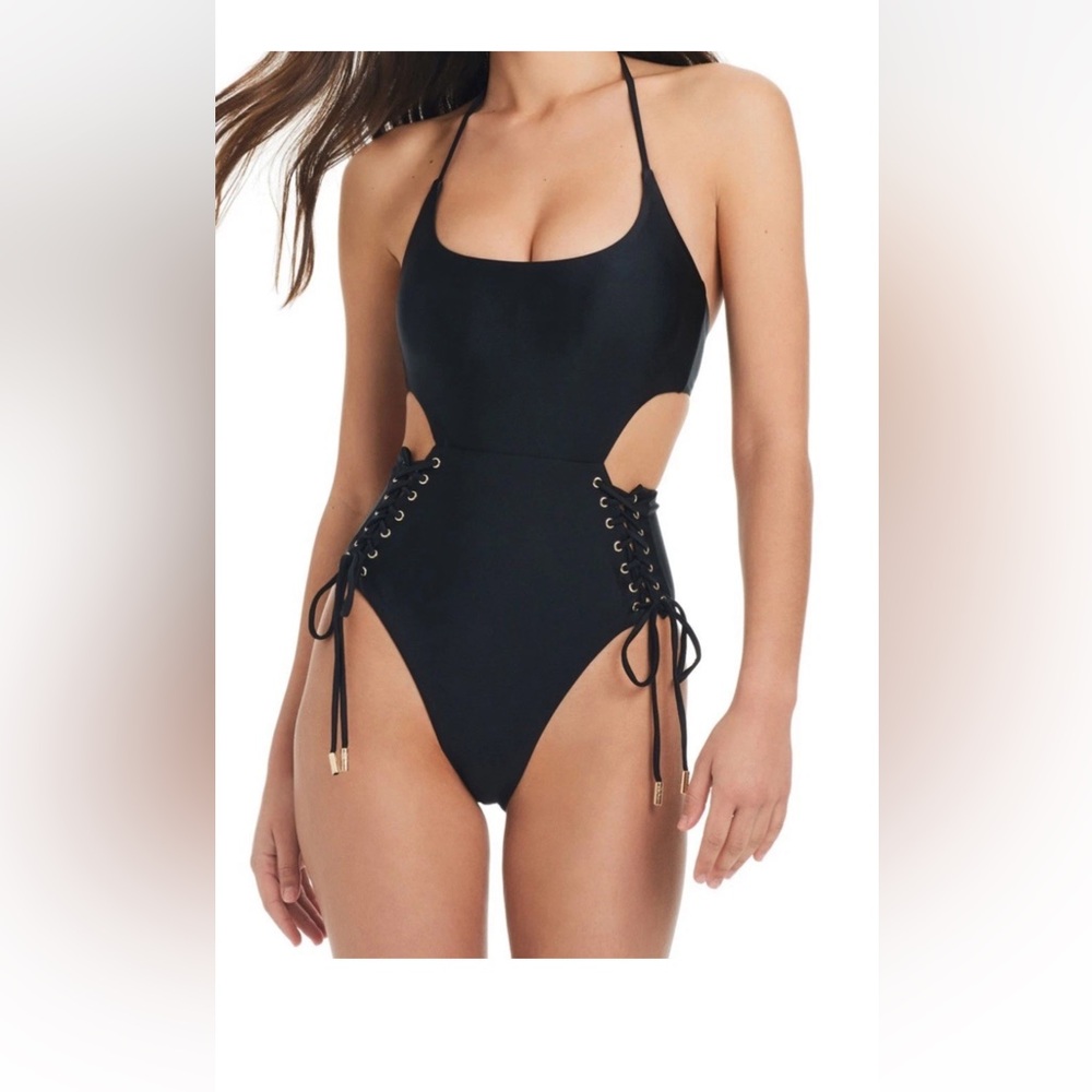 Red Carter Black One-Piece Swimsuit with Lace-Up Sides